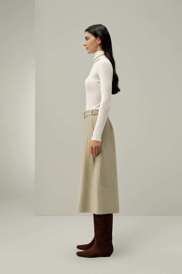 Lilysilk Silk-Wool Blend Belted Midi Skirt