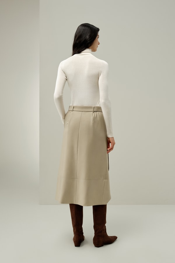 Lilysilk Silk-Wool Blend Belted Midi Skirt