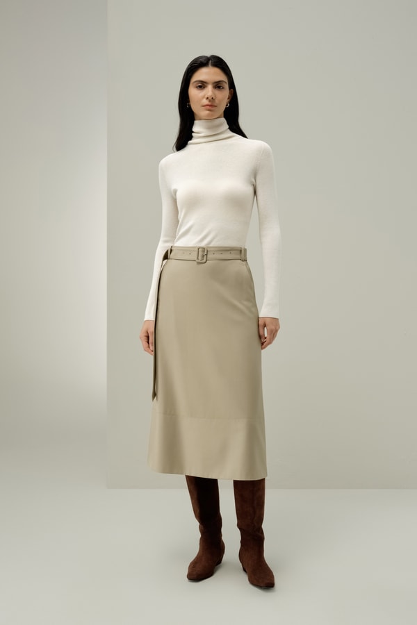 lilysilk Silk-Wool Blend Belted Midi Skirt