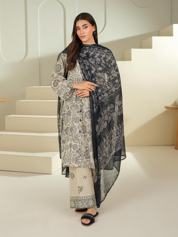 Limelight 3 Piece Cambric Suit-Printed (Unstitched) Beige