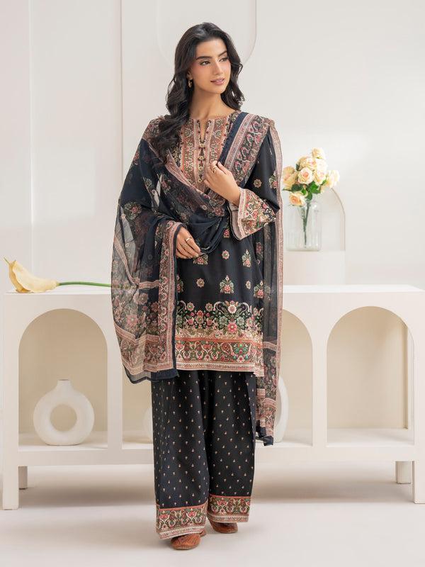 Limelight 3 Piece Cambric Suit-Printed (Unstitched) Black