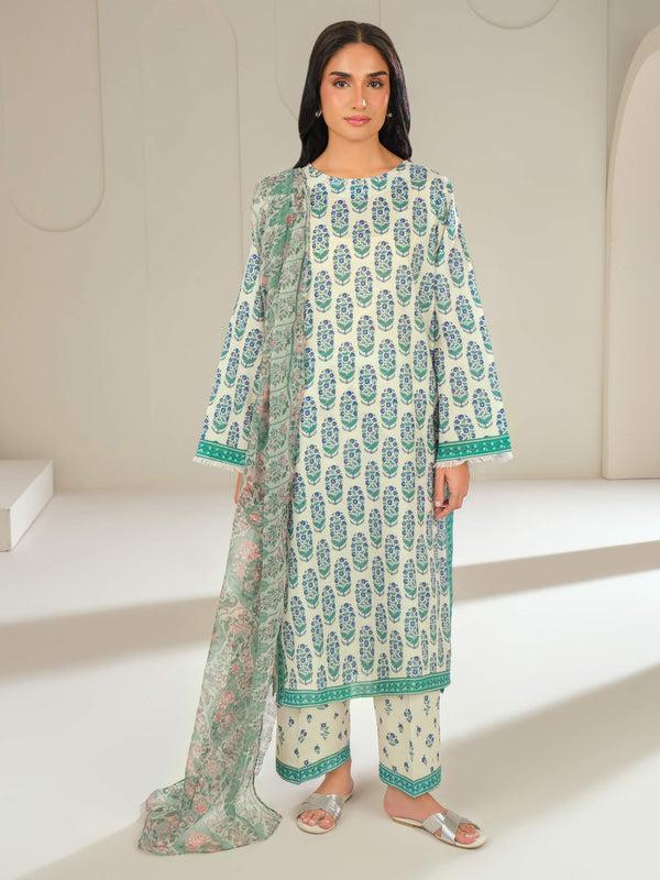 Limelight 3 Piece Cambric Suit-Printed (Unstitched) White