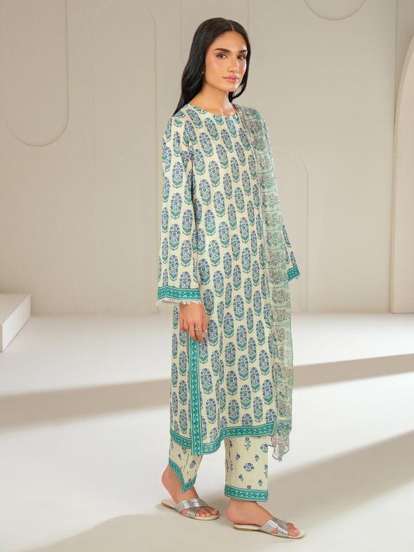 Limelight 3 Piece Cambric Suit-Printed (Unstitched) White