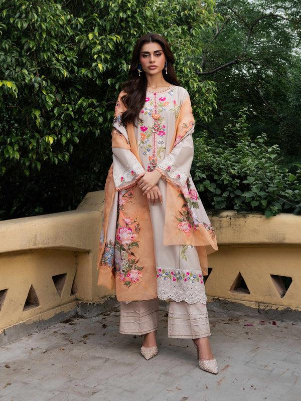 Limelight 3 Piece Karandi Suit-Embroidered (Unstitched) Beige