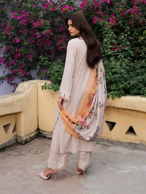 Limelight 3 Piece Karandi Suit-Embroidered (Unstitched) Beige