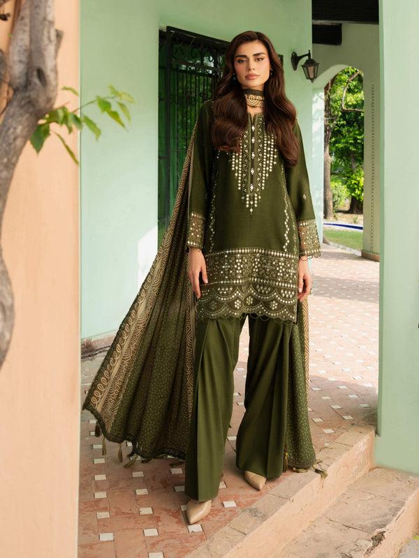 limelight 3 Piece Karandi Suit-Embroidered (Unstitched) Green