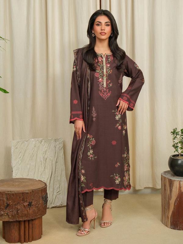 Limelight 3 Piece Khaddar Suit-Embroidered (Unstitched) Brown