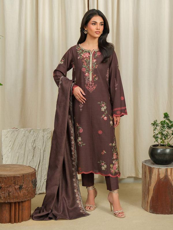 Limelight 3 Piece Khaddar Suit-Embroidered (Unstitched) Brown