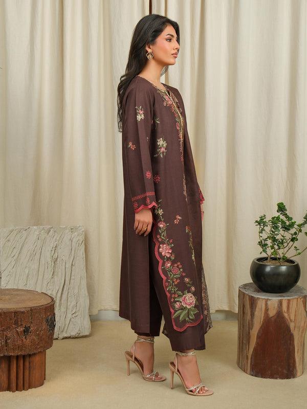 Limelight 3 Piece Khaddar Suit-Embroidered (Unstitched) Brown