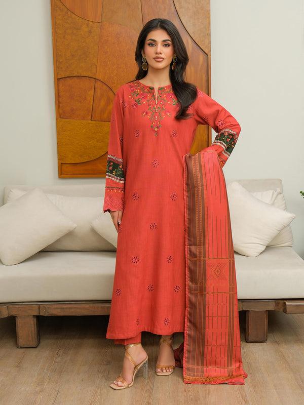 Limelight 3 Piece Khaddar Suit-Embroidered (Unstitched) Coral