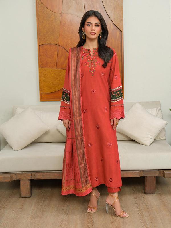 Limelight 3 Piece Khaddar Suit-Embroidered (Unstitched) Coral
