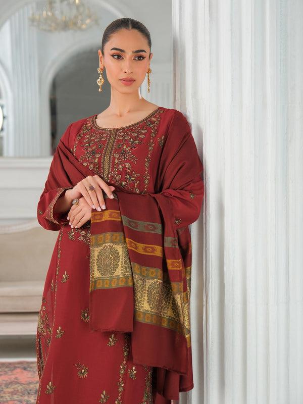 Limelight 3 Piece Khaddar Suit-Embroidered (Unstitched) Maroon