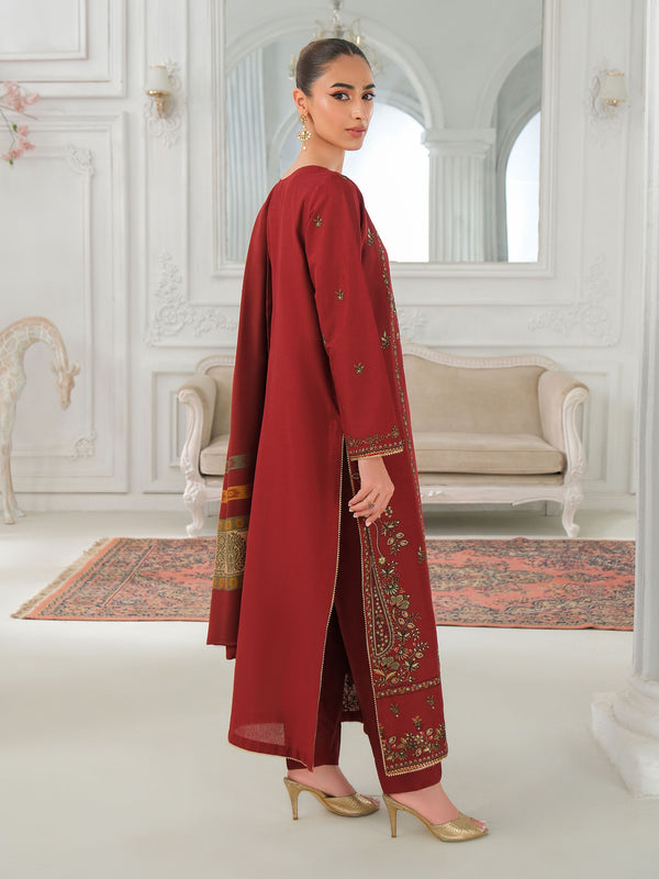 Limelight 3 Piece Khaddar Suit-Embroidered (Unstitched) Maroon
