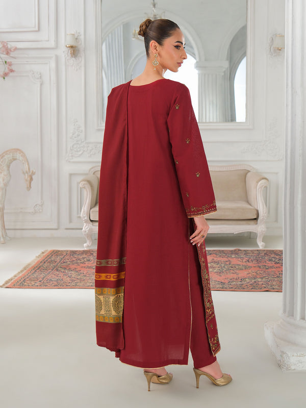 Limelight 3 Piece Khaddar Suit-Embroidered (Unstitched) Maroon