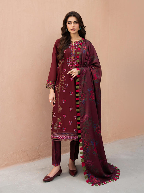 Limelight 3 Piece Khaddar Suit-Embroidered (Unstitched) Maroon