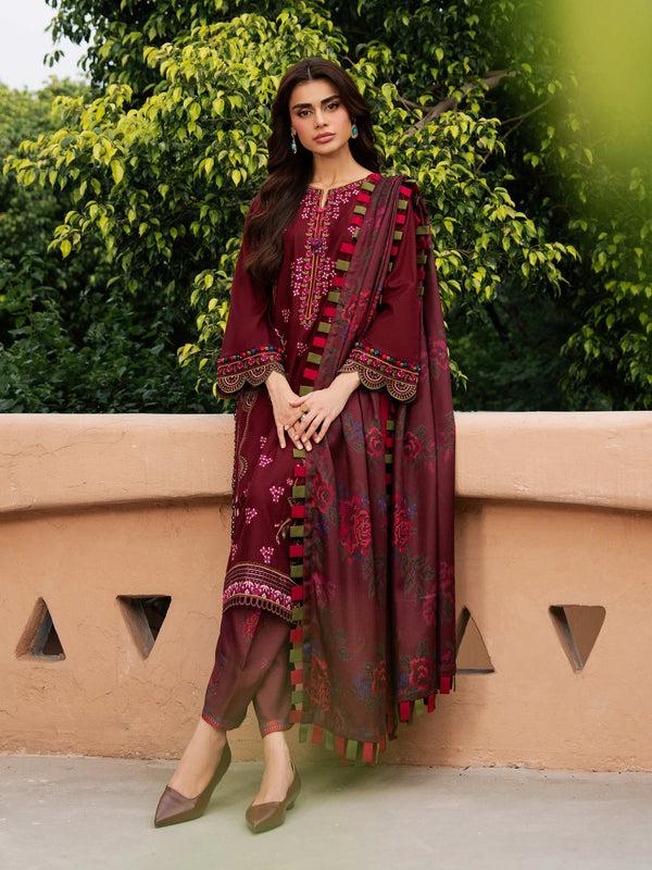 Limelight 3 Piece Khaddar Suit-Embroidered (Unstitched) Maroon