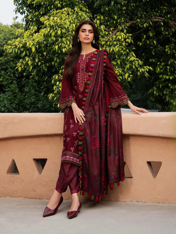 Limelight 3 Piece Khaddar Suit-Embroidered (Unstitched) Maroon