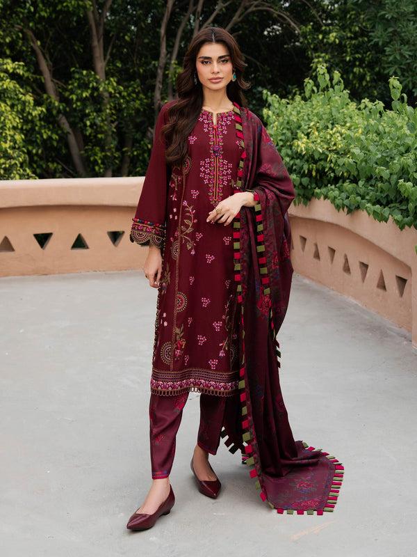 limelight 3 Piece Khaddar Suit-Embroidered (Unstitched) Maroon