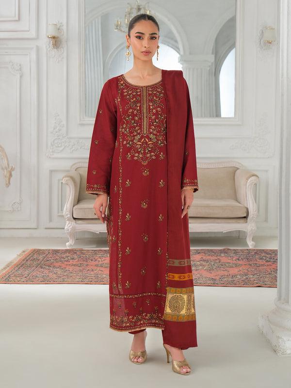 limelight 3 Piece Khaddar Suit-Embroidered (Unstitched) Maroon