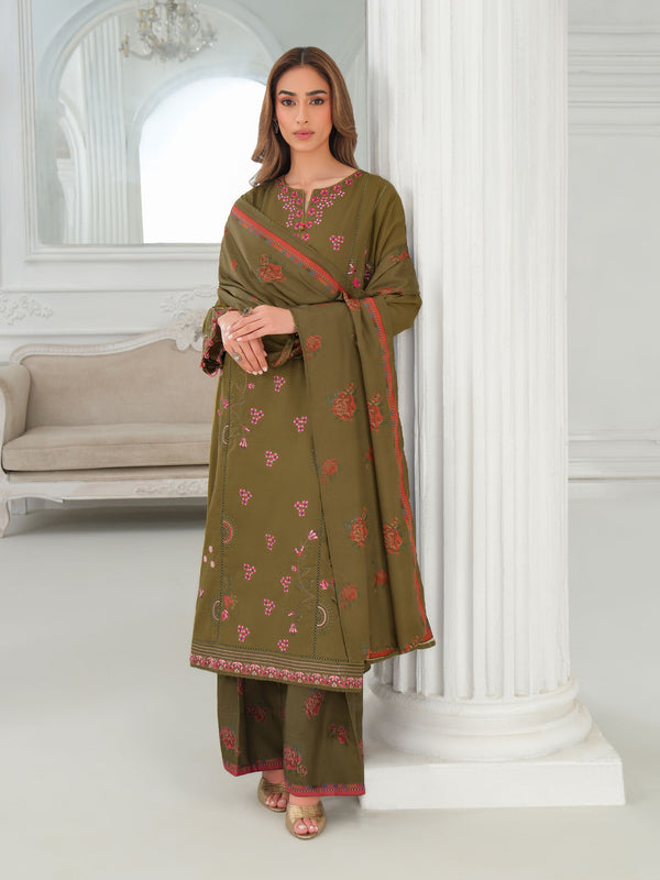 Limelight 3 Piece Khaddar Suit-Embroidered (Unstitched) Olive