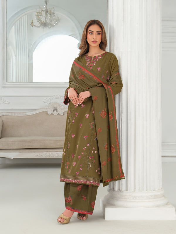 Limelight 3 Piece Khaddar Suit-Embroidered (Unstitched) Olive