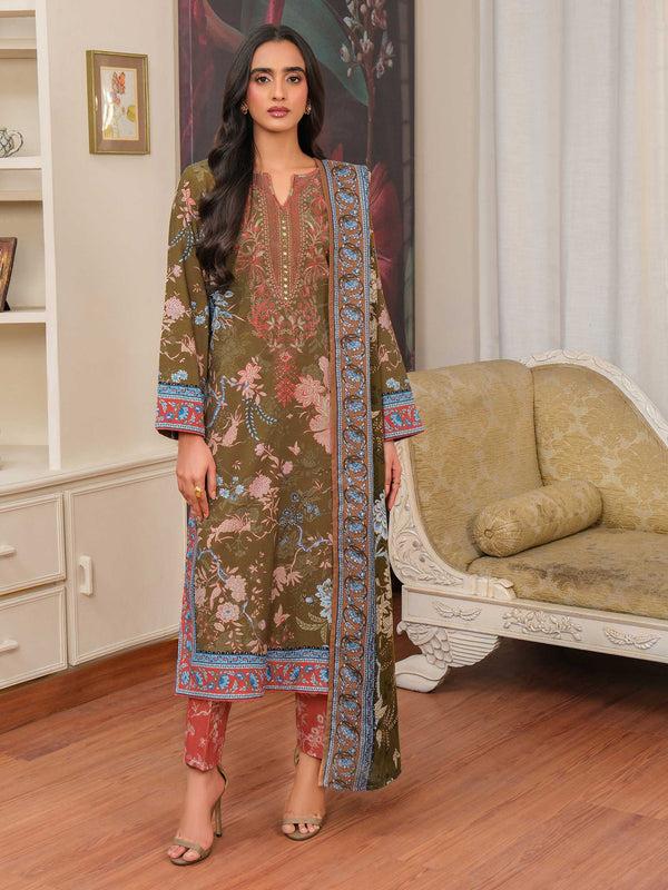 limelight 3 Piece Khaddar Suit-Embroidered (Unstitched) Olive