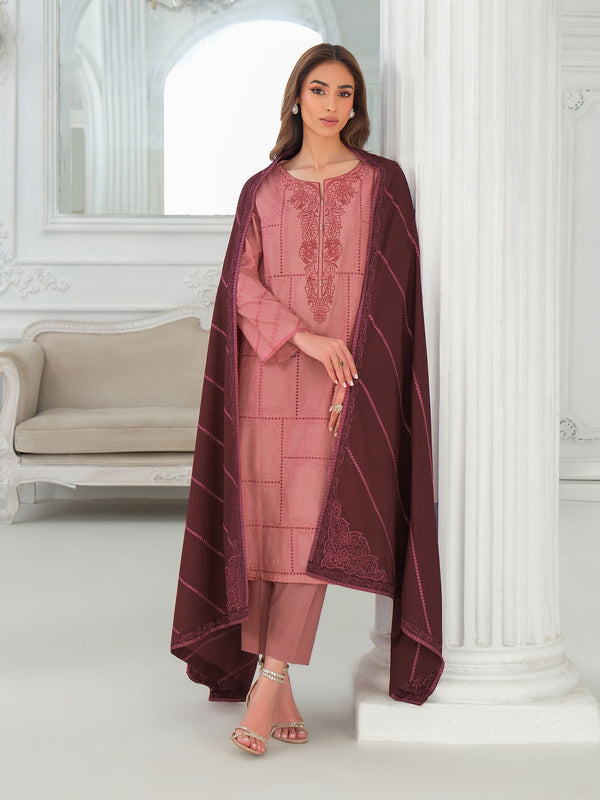 Limelight 3 Piece Khaddar Suit-Embroidered (Unstitched) Pink