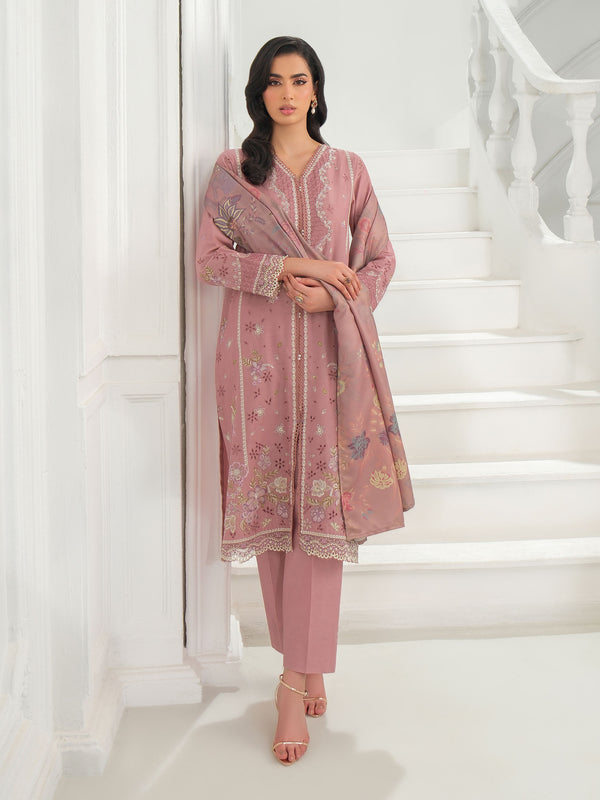 Limelight 3 Piece Khaddar Suit-Embroidered (Unstitched) Pink