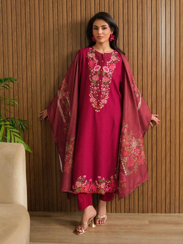 Limelight 3 Piece Khaddar Suit-Embroidered (Unstitched) Red