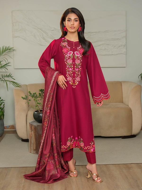Limelight 3 Piece Khaddar Suit-Embroidered (Unstitched) Red