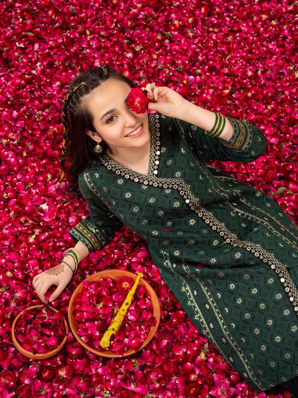 Limelight 2 Piece Jacquard Suit-Embroidered Green