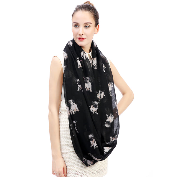 Lina & Lily Pug Dog Print Scarf Lightweight