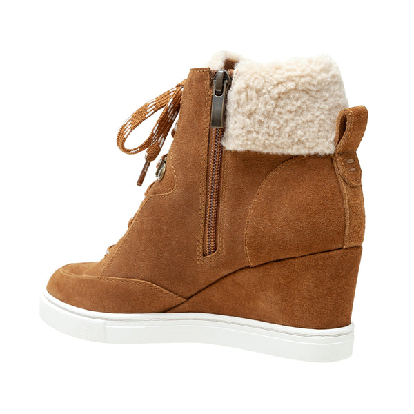Linea Paolo ARDEN | Faux Shearling Trimmed Wedge Sneakers Nutmeg/Ivory Suede/Fabric