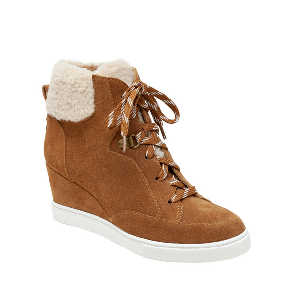 linea paolo ARDEN | Faux Shearling Trimmed Wedge Sneakers Nutmeg/Ivory Suede/Fabric