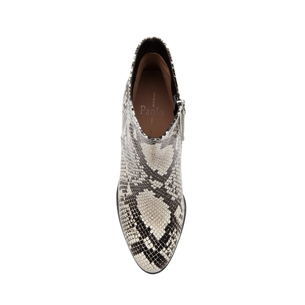 Linea Paolo BIEL | Almond Toe High Heel Bootie With Notched Topline Cream/Black Snake Print Leather