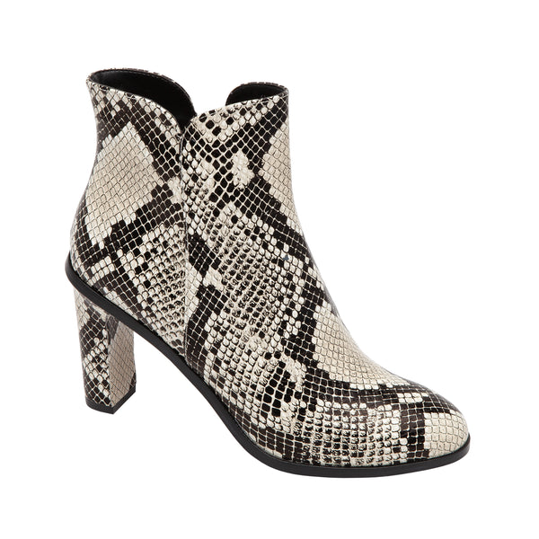linea paolo BIEL | Almond Toe High Heel Bootie with Notched Topline Cream/Black Snake Print Leather