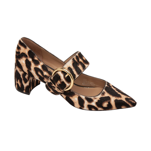 linea paolo BURTON II | Contemporary Buckled Mary Jane Pump Nude/Black Leopard Print Hair Calf