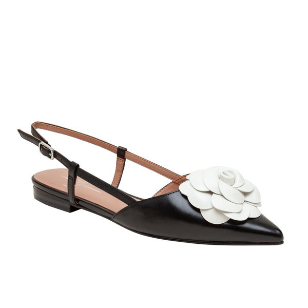 linea paolo CAMMY | Slingback Flat With Rosette Ornament Black/Eggshell Nappa