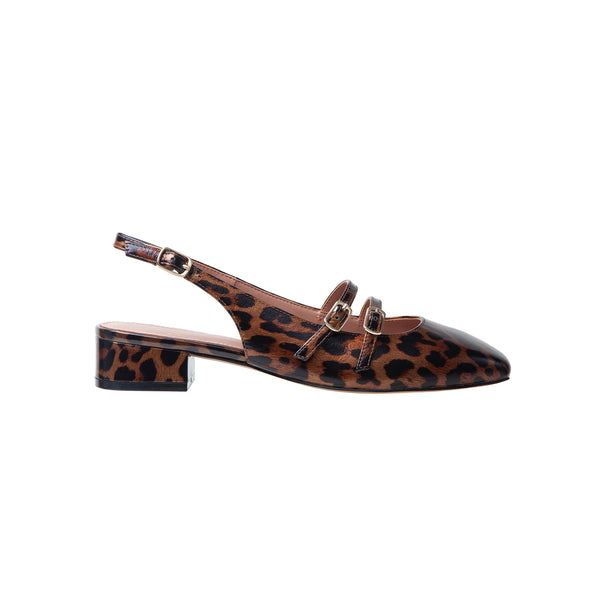 Linea Paolo CASSIAN | Low Block Heel Double Strap MJ Slingback Brown Print Leopard Patent