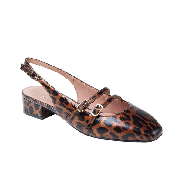linea paolo CASSIAN | Low Block Heel Double Strap MJ Slingback Brown Print Leopard Patent