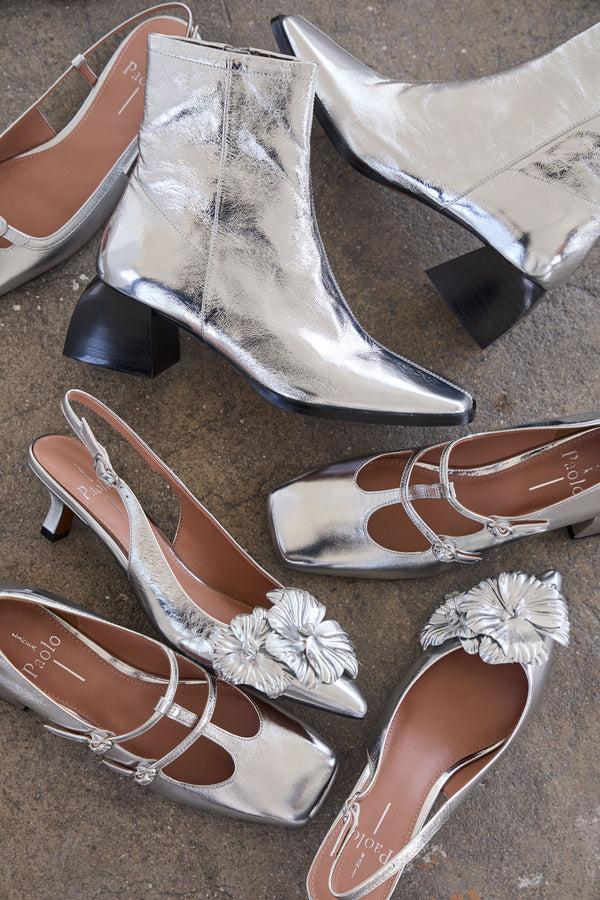 Linea Paolo CASTIEL | Floral Kitten Heel Slingback Pumps Silver Crackled Metallic