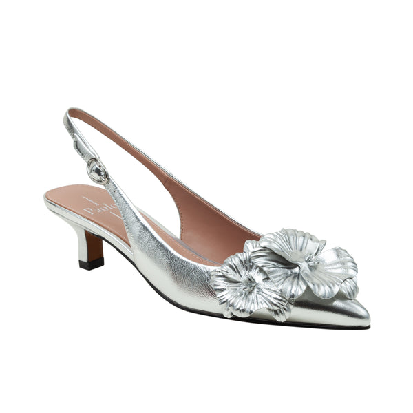 linea paolo CASTIEL | Floral Kitten Heel Slingback Pumps Silver Crackled Metallic