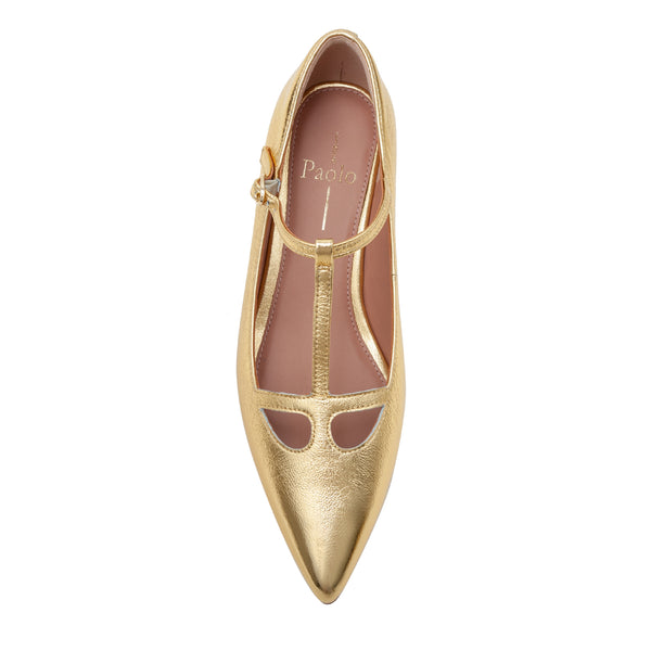 Linea Paolo CELIA | Pointed Toe T-Strap Kitten Heel Pump Gold Crinkle Metallic Leather