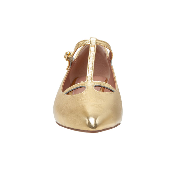 Linea Paolo CELIA | Pointed Toe T-Strap Kitten Heel Pump Gold Crinkle Metallic Leather