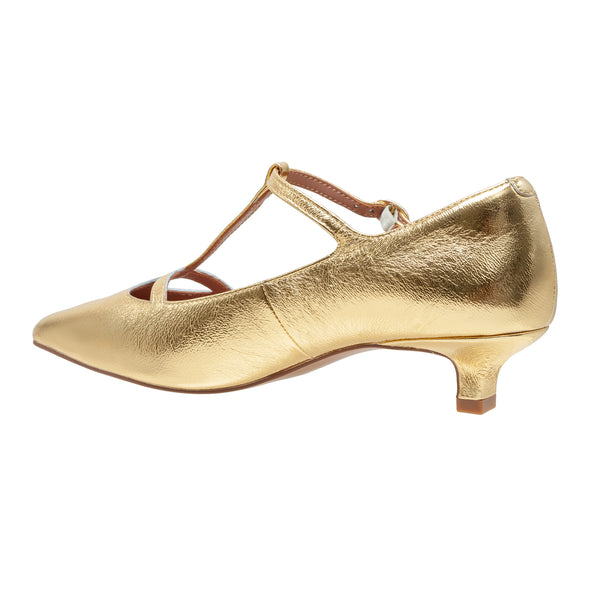 Linea Paolo CELIA | Pointed Toe T-Strap Kitten Heel Pump Gold Crinkle Metallic Leather