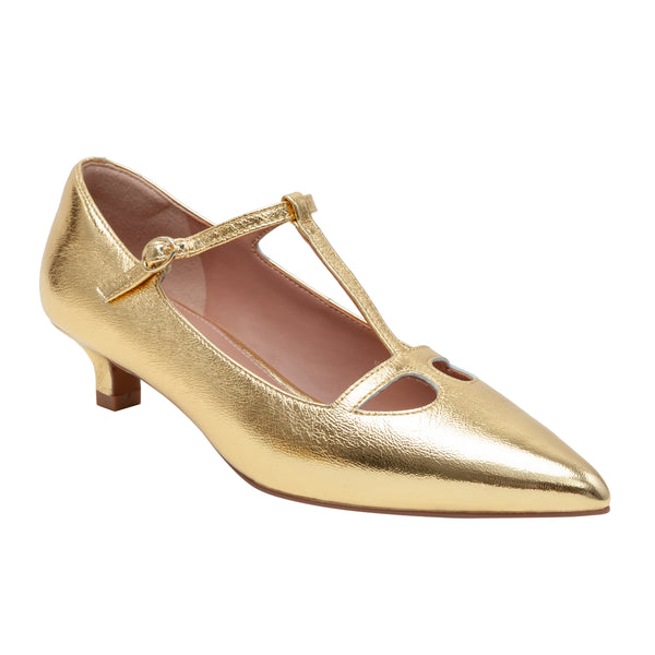 linea paolo CELIA | Pointed toe T-Strap Kitten Heel Pump Gold Crinkle Metallic Leather
