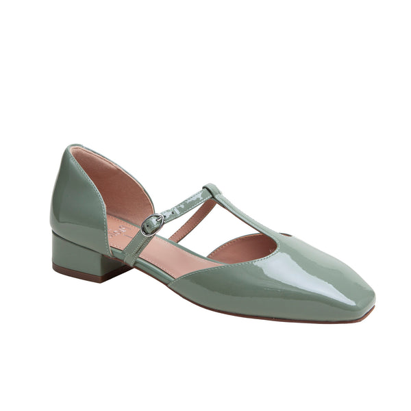 linea paolo CORALEE | Two Piece T-Strap Low Heel Leather Pumps Jade Patent