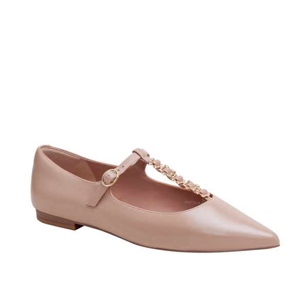 linea paolo CORINNE | Gold Buckle T-Strap Nappa Leather Skimmers Blush Nappa