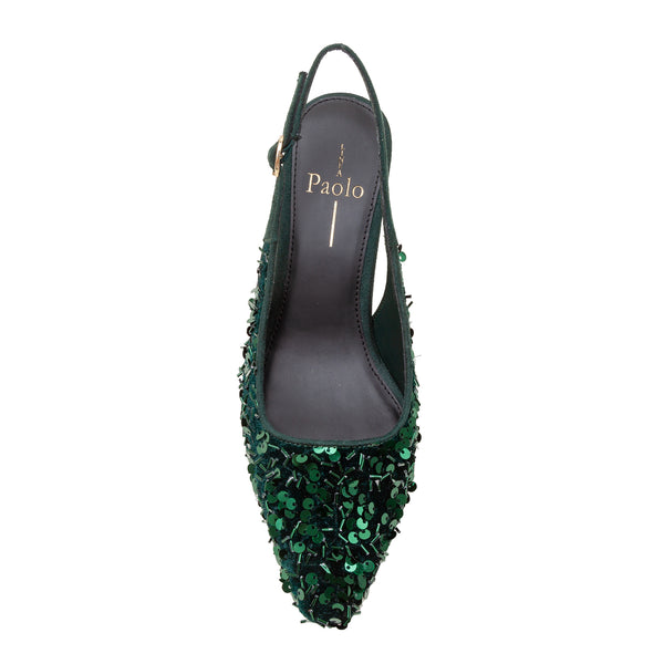 Linea Paolo COSMO | Stiletto Heel Sequined Slingback Pump Green Sequin Velvet