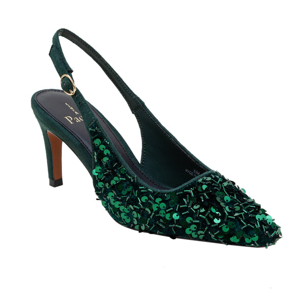 linea paolo COSMO | Stiletto Heel Sequined Slingback Pump Green Sequin Velvet